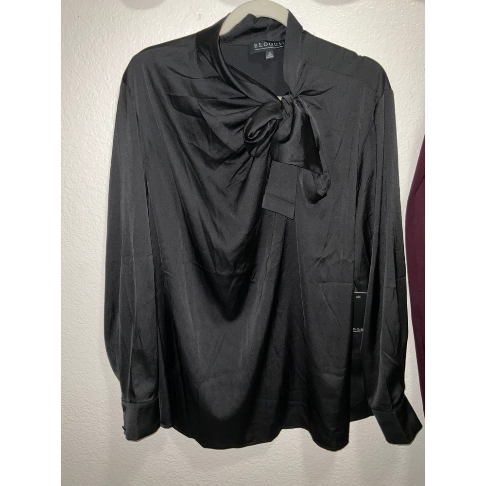 Bundle 2pcs Eloquii Black Satin Bow Blouse 16 & Lena Gabrielle Burgundy Pant 14 - Picture 2 of 8